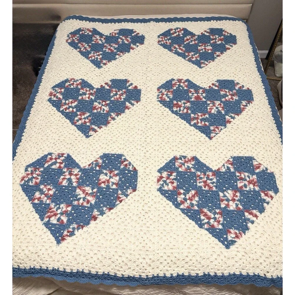 Handmade Crochet Granny Square Sofa Throw Blanket, Multicolor Vintage Hearts